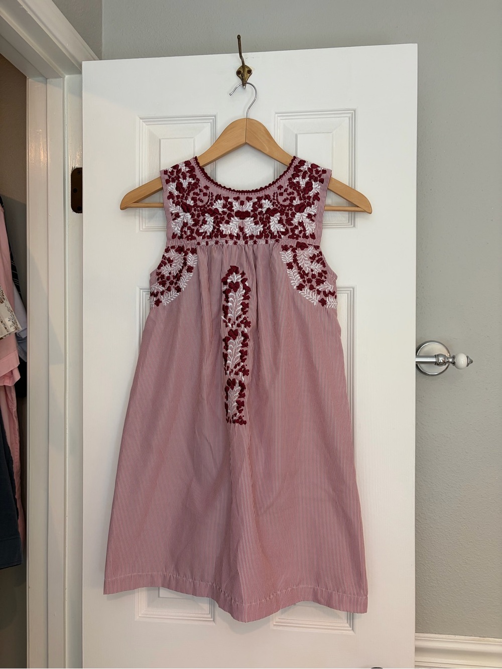 Six Honey Bees Embroidered Dress Girls Size 10 Maroon Stripe